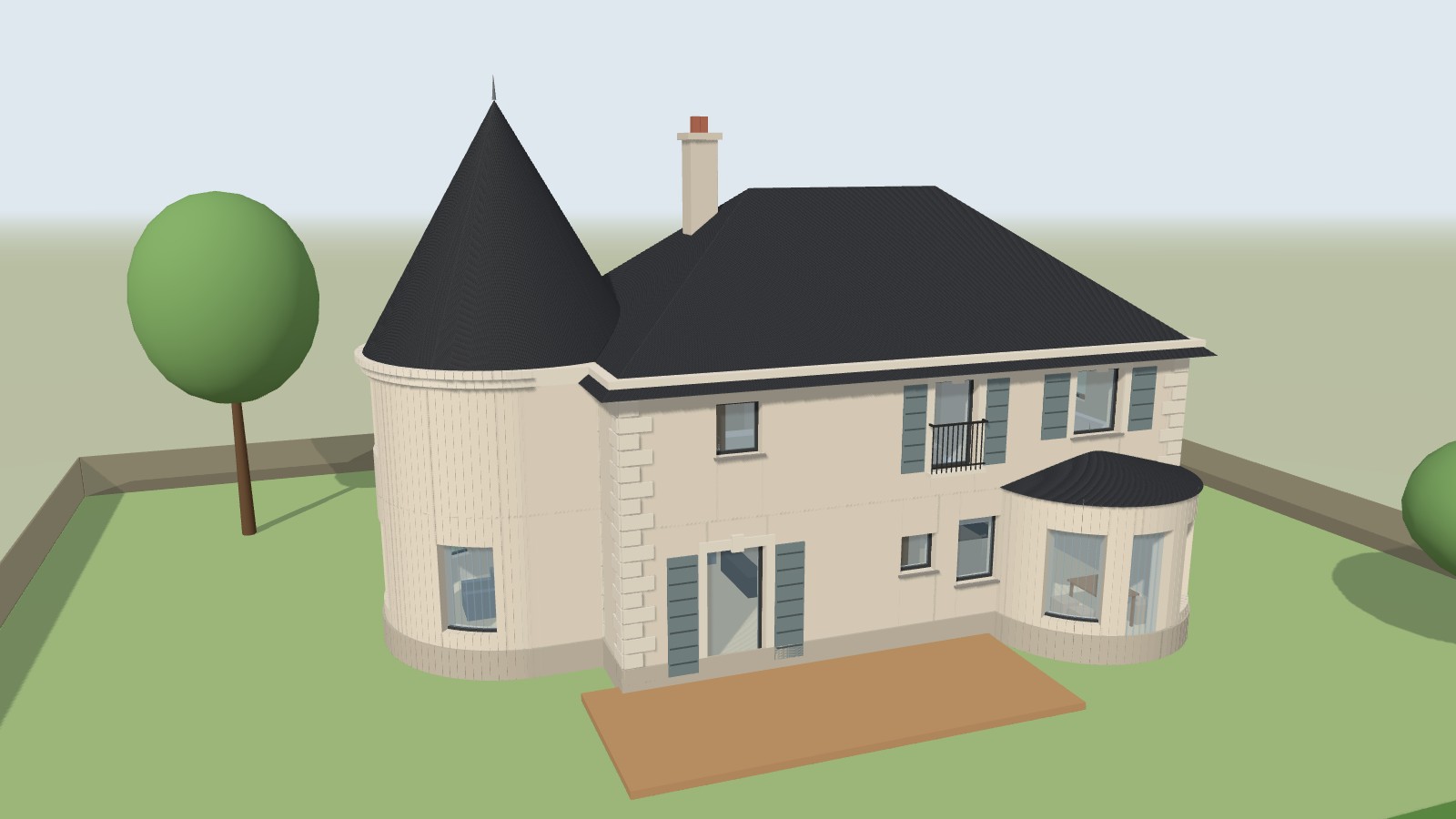 3D model of a small manor with a round tower and a half-round dining bay